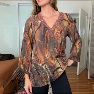 Vintage Carol Rose Abstract Earth-Tone Whimsygoth Sheer Blouse